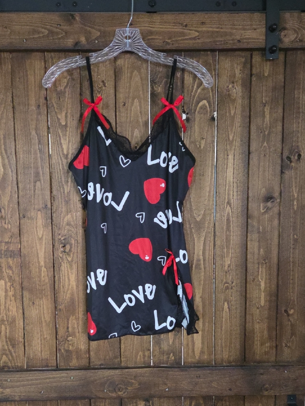 Black & Red Heart Print Chemise with Love Script